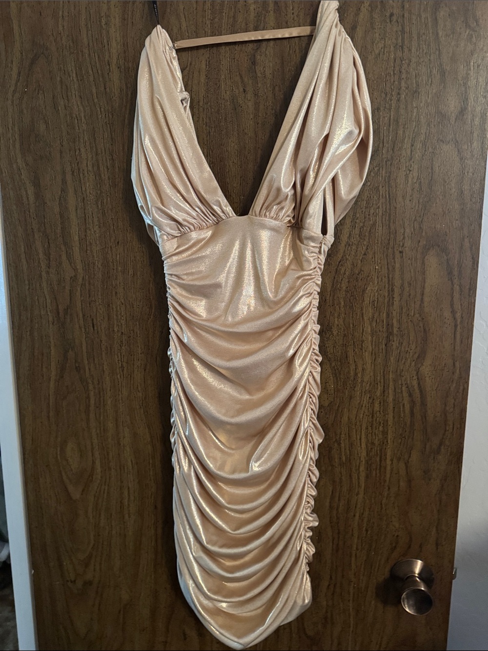 bebe Shimmery Gold Ruched V-Neck Midi Dress